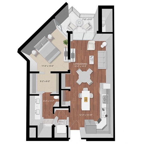 Floor plan for 1 bed, 1 bath, 800 sqft